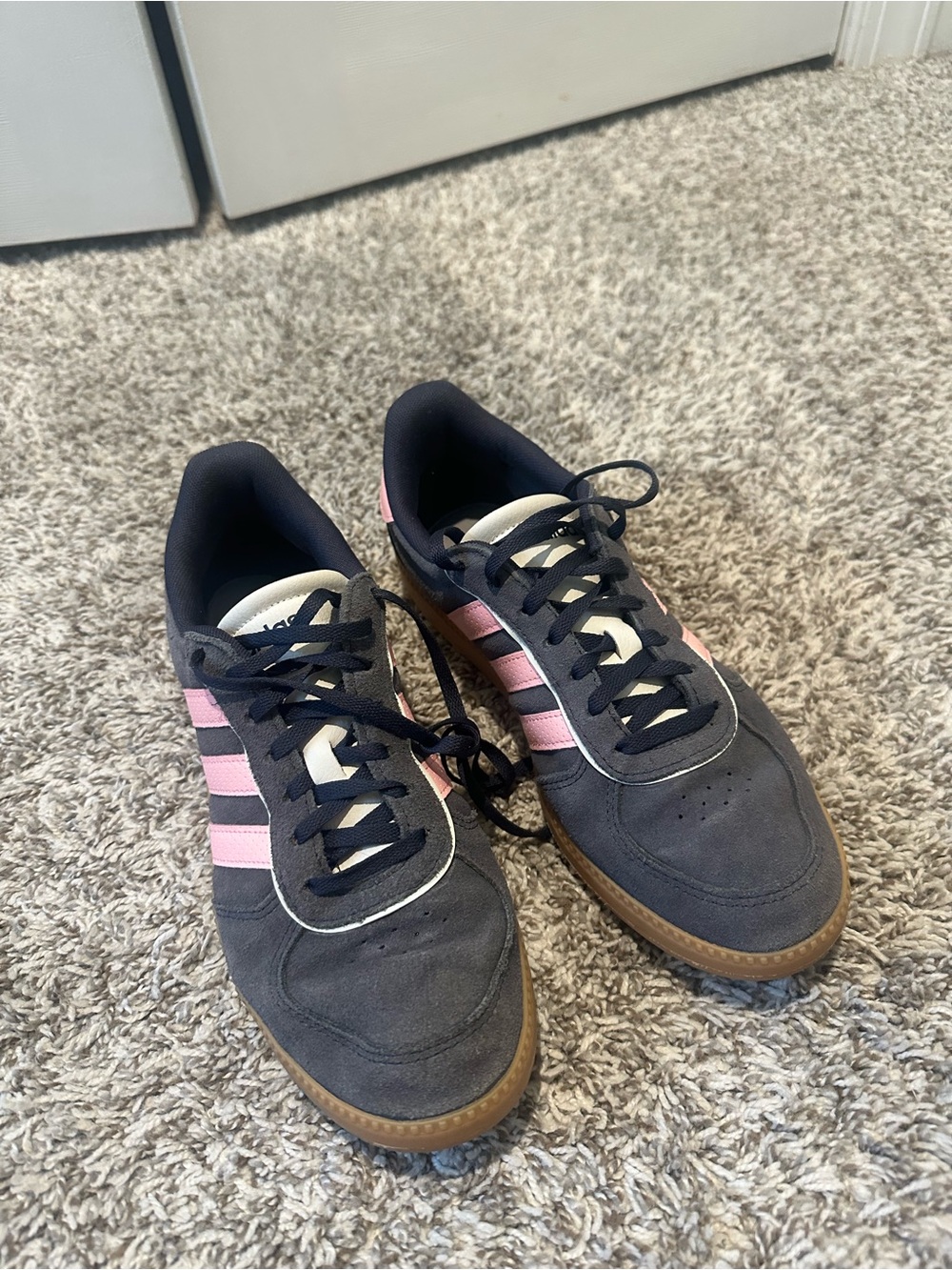adidas Navy Suede Sneakers with Pink Stripes and Gum Sole